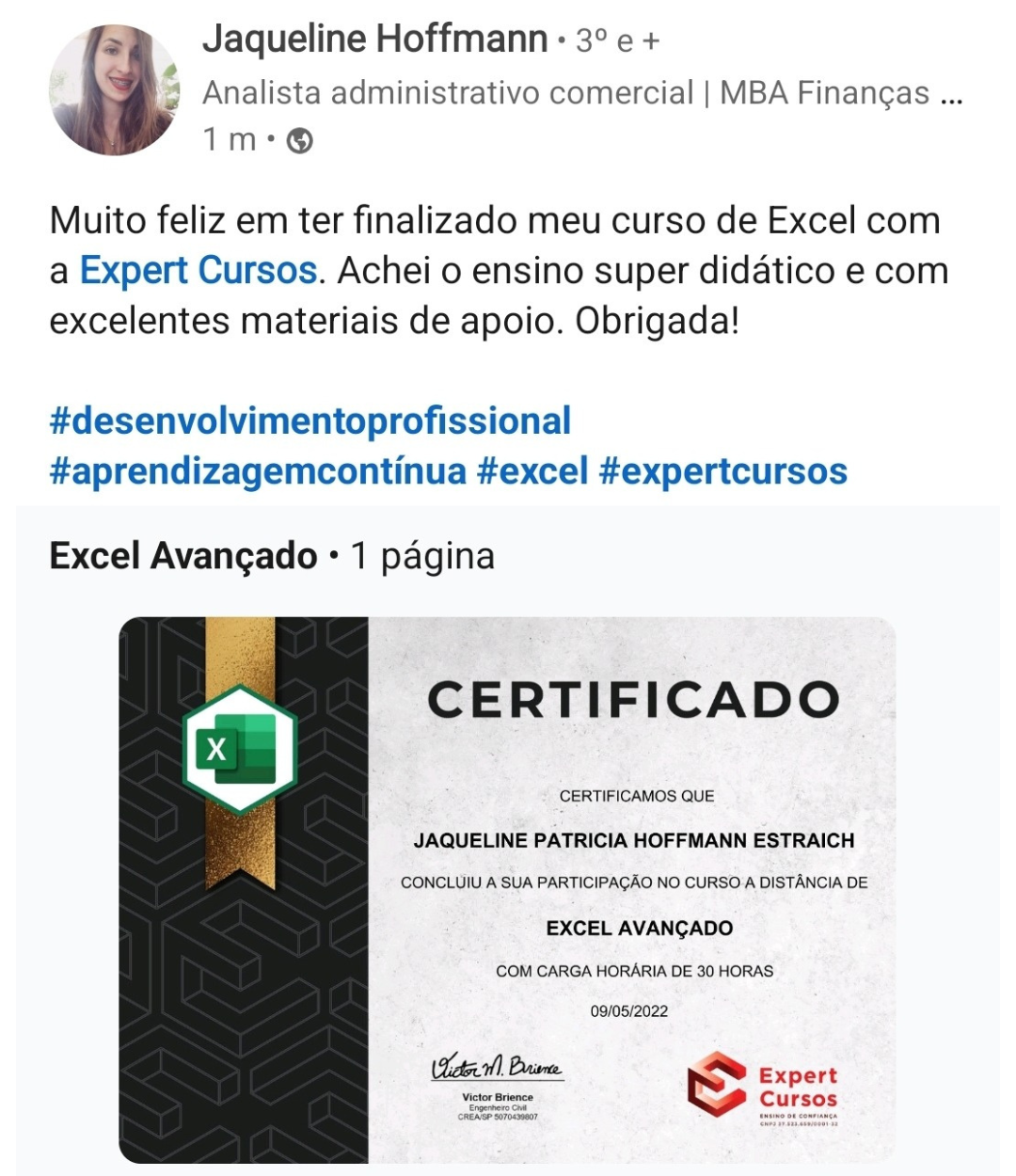Depoimento aluno Excel