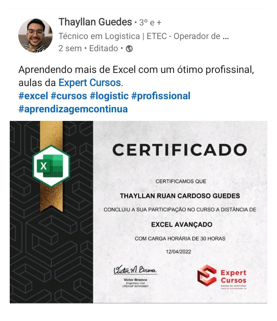 Depoimento aluna Excel