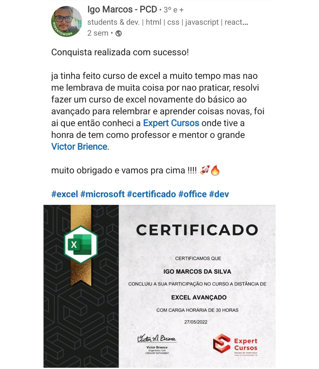 Depoimento aluno certificado Excel